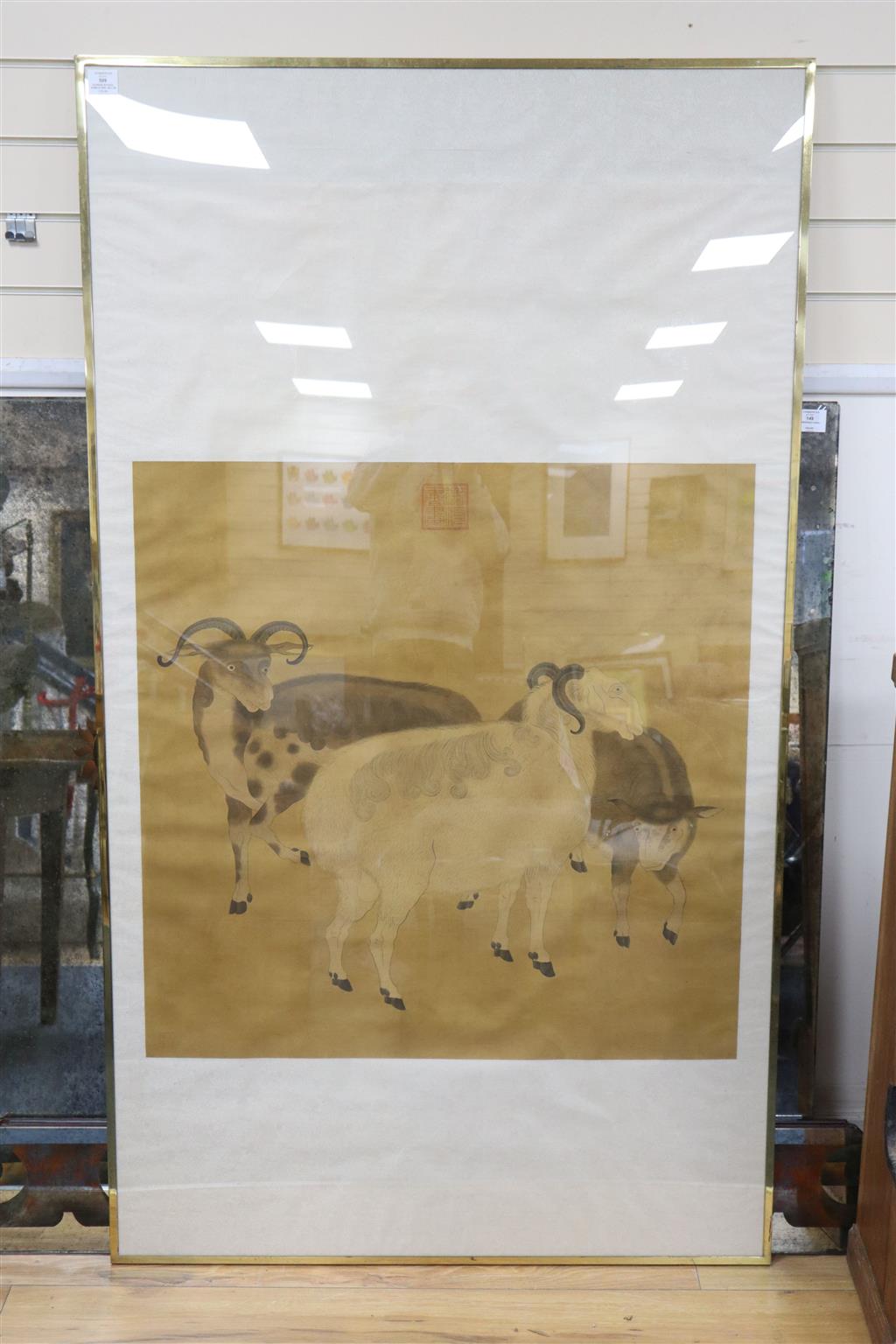 Chinese School (early 20th century), Two Rams and Ewe, 87 x 87cm, overall 172 x 98cm